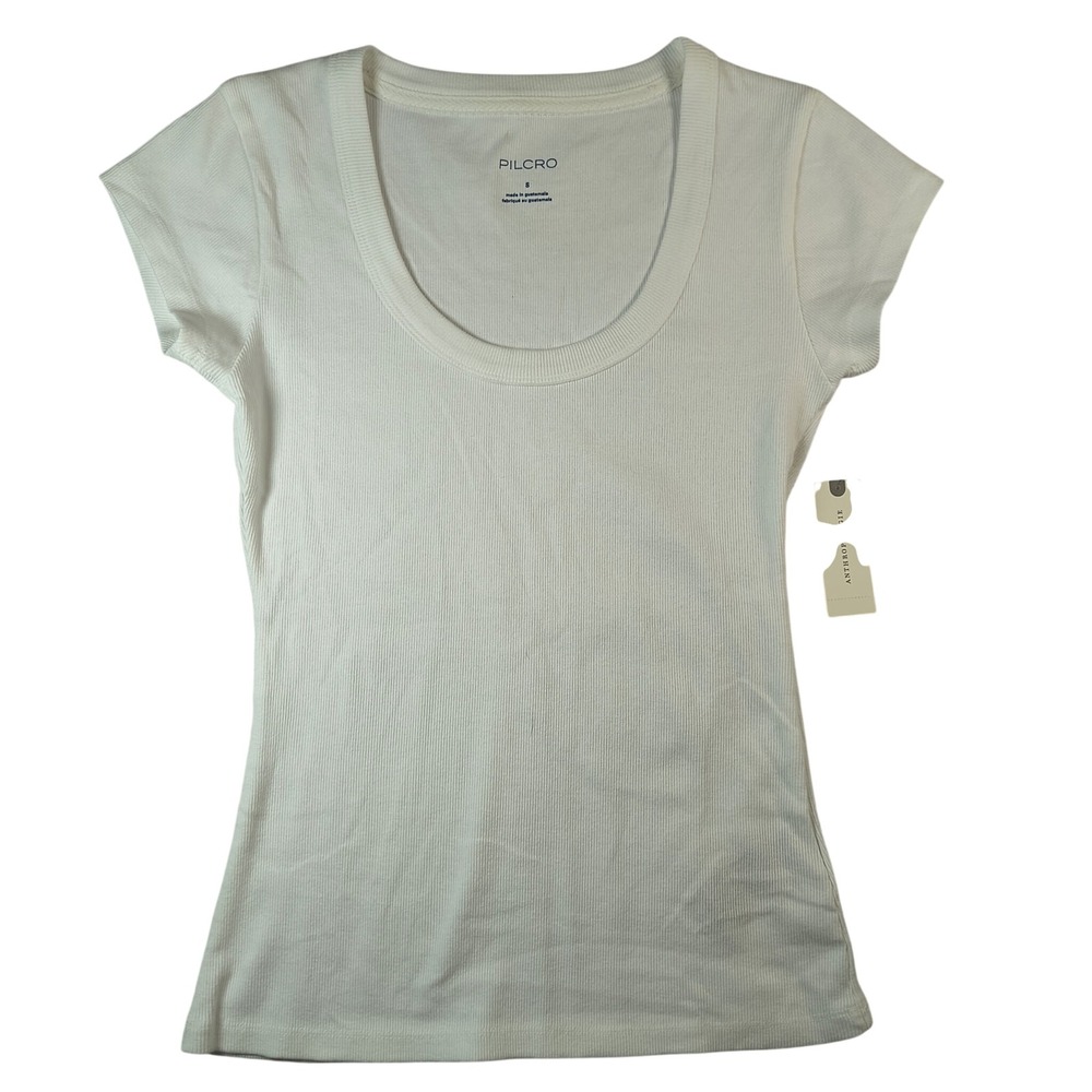 Anthropologie Pilcro Sunny Scoop Neck‎ Tee Small Chalk White Ribbed Stretch NWT